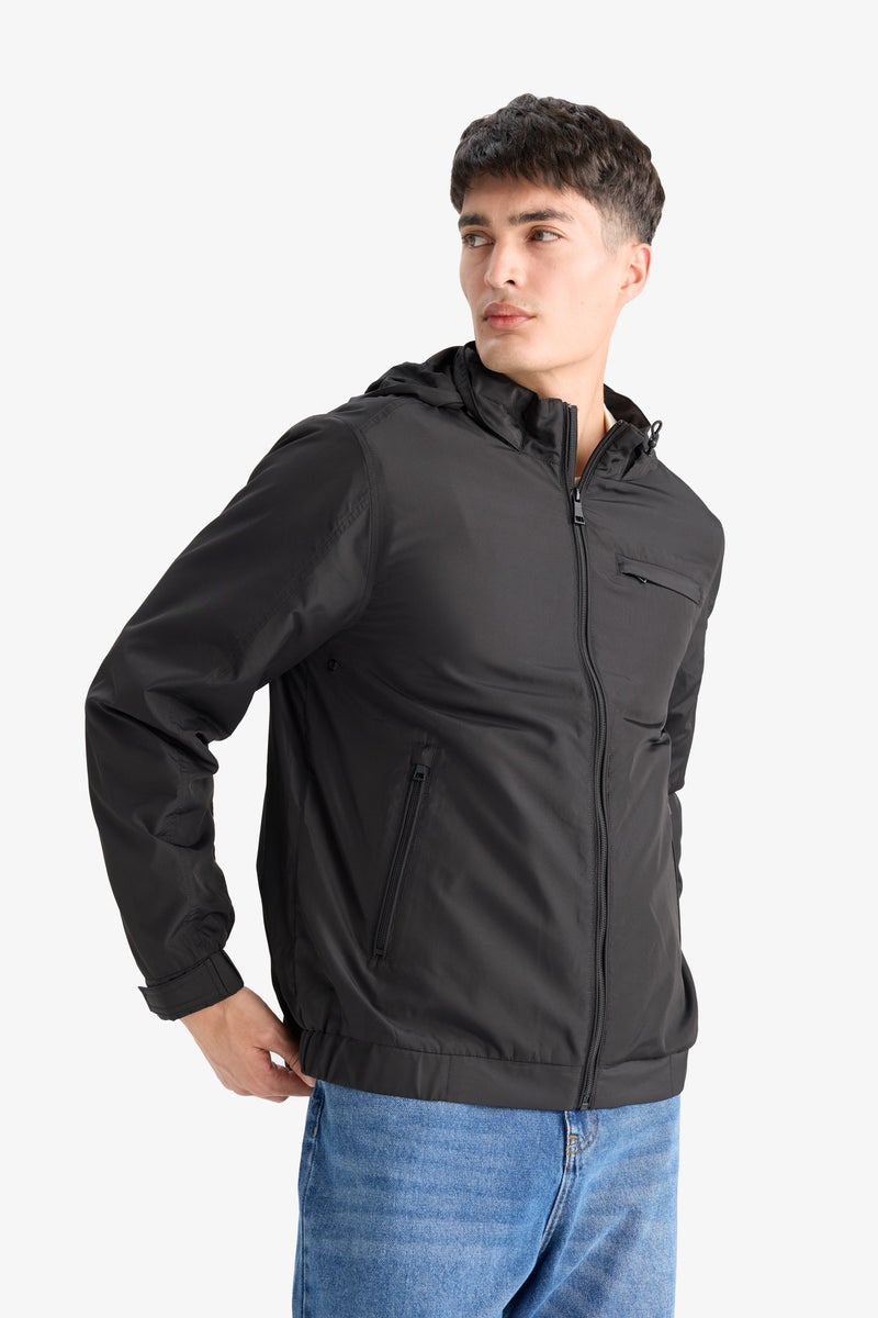 DeFacto Black Man Regular Fit Stand Collar Lined Hidden Hood Zippered Waterproof Jacket Casual - Image 3